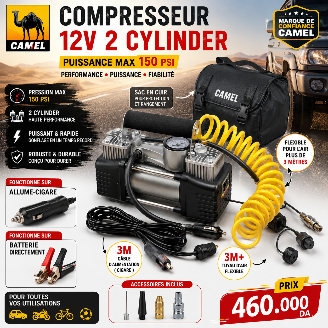 COMPRESSEUR CAMEL 150 PSI… قوة تنفخ عجلاتك بسرعة وأمان!